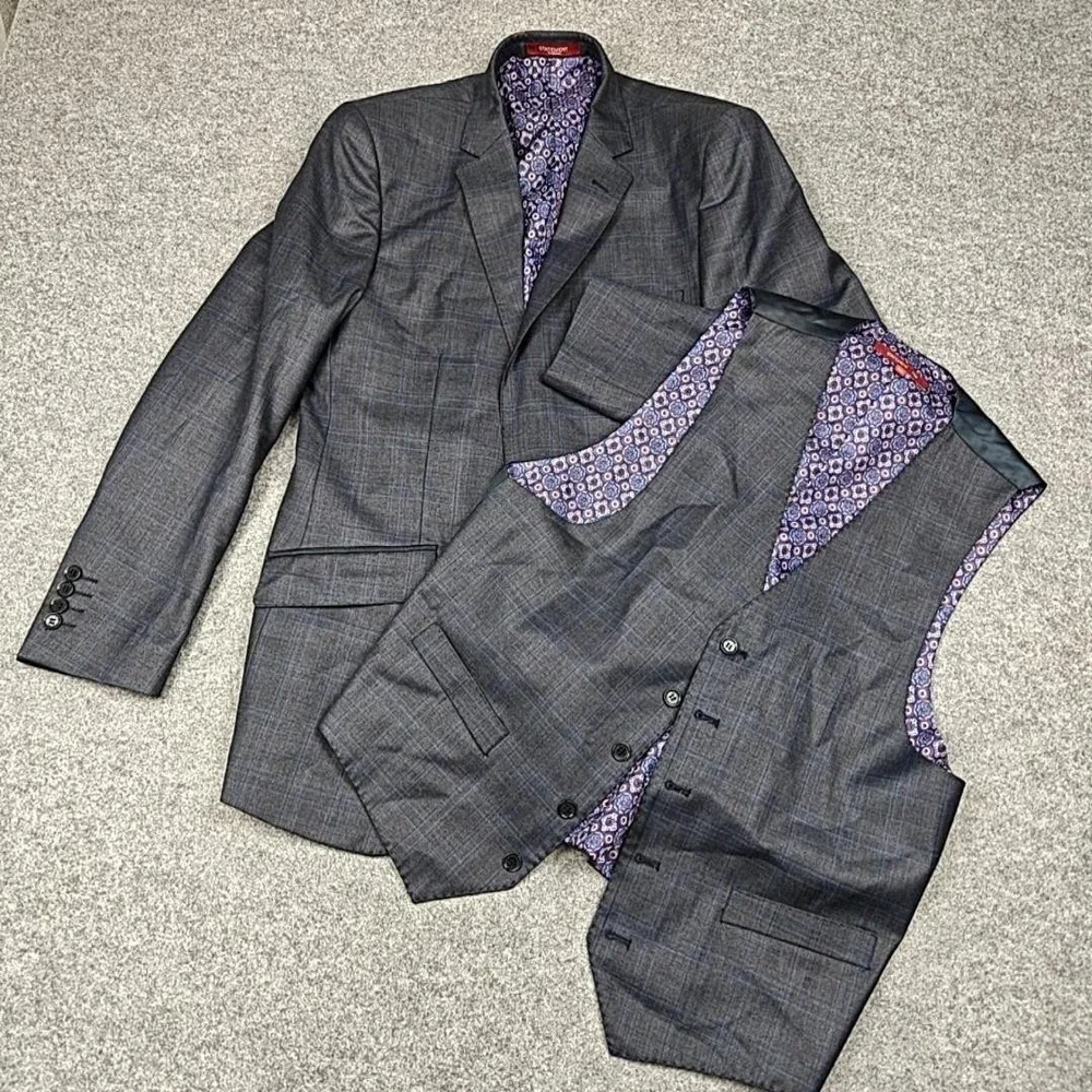 Statement‎ Suit Jacket Vest Mens 40R Gray Plaid Wool Cashmere 2 Piece Slim Fit